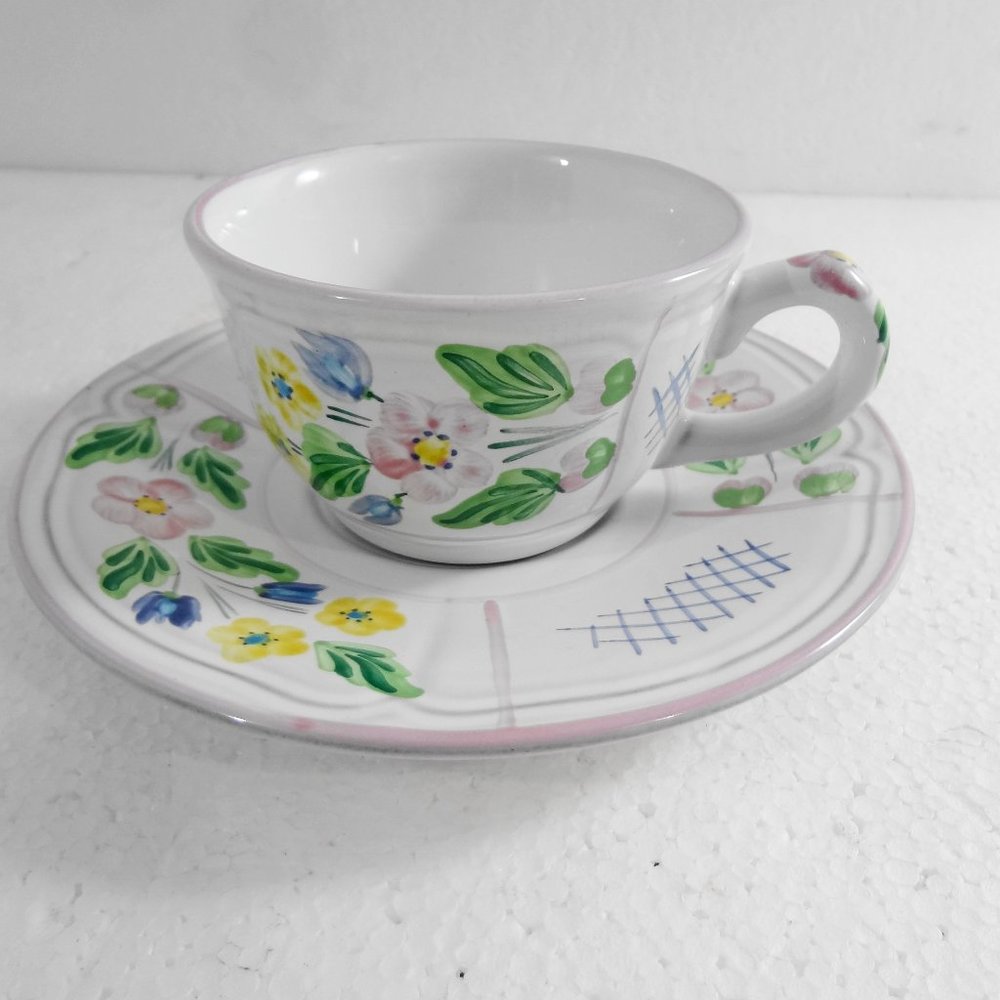Herend Village Pottery Cup & Saucer Set Trellis Pink Trim Handpainted in Hungary